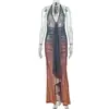 Vestido longo feminino vintage estilo europeu e americano com decote V degradê, acinturado, saia justa, sem costas, fresco e moderno para o verão