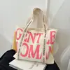 Bolsa Tote de Lona com Letras de Grande Capacidade Casual para Mulheres, Nova Moda de Inverno Versátil para Ombro, Bolsa de Mão para o Dia a Dia