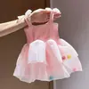 Vestido de Verano para Niña Bebé Elegante Personalidad Infantil Marca de Moda Dulce Pompones Patchwork Princesa Tirantes Finos Falda Esponjosa