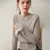 Suéter de Cachemira de Punto Trenzado de Doble Hilo con Cuello Redondo para Mujer, Nuevo Otoño/Invierno 2026, Suéter Base de Punto de Corte Holgado, Suéter Pulóver de Moda con Dobladillo Dividido