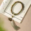 Pulseira de Contas Budistas de Sândalo Verde Natural Estilo Étnico Sândalo Tassel de Mão Acessórios Hanfu Pulseira de Joia para Homens e Mulheres