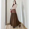 Saia Longa Plissada Patchwork Estilo Hepburn Francesa para Mulheres 2025 Outono Nova Cintura Alta Slimming Look Elegante A-Line
