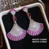 Joyas: Pendientes de Botón con Forma de Abanico de Piedra Rosa, Pendientes de Zirconia Estilo Palacio Vintage de Lujo, Pendientes de Lujo Ligero de Gama Alta
