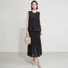 Traje de Dos Piezas sin Mangas Plisado Estilo Miyake para Mujer, Top de Verano con Botones, Falda Acampanada de Cintura Alta, Conjunto de Dos Piezas para Vacaciones