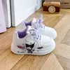 Tênis infantil de cano baixo para meninas, sapatos brancos com estampa de desenho animado, sola macia, respirável, com fecho de velcro, sapatos casuais esportivos para primavera e outono