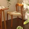 Cadeira de Jantar Vintage de Madeira Maciça e Rattan Estilo Francês, Design Exclusivo, Encosto Empilhável Tecido em Corda, Banqueta para Toucador de Quarto