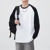 Camiseta de manga raglán de algodón puro de peso pesado para hombre, camiseta base de retazos con bloques de color estilo americano, cuello redondo holgado, camiseta de manga larga unisex