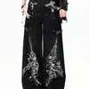 Jeans Estampado de Corrente Design Retrô Americano Feminino 2026 Primavera Outono Novo Estilo de Rua Solto Perna Larga Comprimento Total