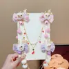 Presilha de Cabelo Infantil Estilo Antigo com Corrente para Sobrancelha, Presilha Vermelha para Meninas, Acessório de Cabelo com Flor e Franja de Pérolas para Fotografia de Hanfu e Traje Tradicional