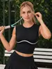 Camiseta deportiva sin mangas, corta, cropped, con diseño de bloques de color estilo europeo y americano, espalda cruzada calada, para mujer, para fitness, running y tenis