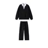 Conjunto de Duas Peças Masculino Ootd Primavera e Outono Estilo Coreano Moletom Tendência Conjunto Completo Falso Duas Peças Polo Casal Preto e Cinza Mesclado