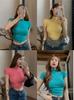 Camiseta Corta Sexy Pura Estilo Europeo y Americano para Mujer Color Sólido Cuello Alto Medio Chica Picante Ajustada Top de Verano Manga Corta Camisa Versátil