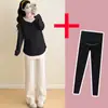 [Personalizado] Roupa de Maternidade Popular no Xiaohongshu Estilo Coreano Outono e Inverno Veludo Alemão Camisa Básica Calça Legging Justa de Cintura Alta Conjunto