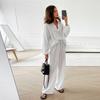 2026 Ropa de Casa para Mujer de Algodón Puro Blanco Sencilla y Cómoda, Conjunto de Dos Piezas con Mangas Largas y Pantalones Largos, Primavera y Verano Europeo y Americano