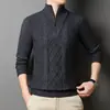 Suéter de tricô com gola alta e zíper, padrão jacquard, roupa de lã espessa e quente de alta qualidade para homens de meia-idade, cor sólida