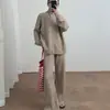 Conjunto de Tricô com Zíper Duplo Outono/Inverno 2026 para Mulheres Estilo Preguiçoso Solto Cardigã com Gola Alta + Calça de Barra Larga Conjunto de Duas Peças