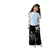 Conjunto de Duas Peças Casual de Calça de Renda com Laço para Meninas, Estilo Preppy, Moderno e Personalizado, com Top Plissado