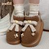 Zapatos Bajos de Algodón Lindos con Oso de Suela Gruesa para Exteriores con Lazo Dulce, Botas de Nieve Suaves Cálidas de Felpa de Moda de Invierno para Mujer