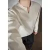Camiseta retro de lino sintético estilo japonés de manga larga para hombre, camiseta básica deportiva casual de otoño con cuello en V pequeño, top de corte holgado