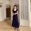 Vestido Azul de Gola Quadrada para Mulheres, Verão, Manga Curta, Cintura Marcada, Emagrecedor, Estilo Mãe, Bodycon, Vestido Longo Cauda de Peixe, Vestido de Mãe