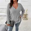 [Em Estoque] Comércio Exterior Amazon Transfronteiriço Moda Feminina Tamanho Grande Novo Cor Sólida Solto Decote V Manga Longa Blusa
