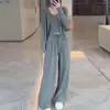 Conjunto de três peças para mulheres: cardigã casual de manga comprida para o início do outono, regata e calça de perna larga com cintura elástica e cordão.