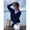 Cárdigan de Punto Casual Azul Marino con Capas y Cuello en V para Mujer Otoño Estilo Europeo Estilo Perezoso de Alta Gama Tejido Fino 2025