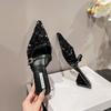 Sapatilhas de Paetês para Mulheres 2025 Primavera & Outono Novo Bico Fino Salto Grosso Baotou Meio Chinelo Moda Francesa Sapatos Mule para Uso Externo