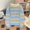 Suéter listrado color-block estilo japonês, malha vintage outono/inverno para casal, marca retrô moderna, camiseta de outer wear casual