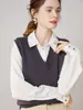 Colete Tricotado Gola V Novo Outono e Inverno Feminino Peça de Roupa Externa Primavera e Outono Camisa Dobrada Solta Colete Suéter Estilo College
