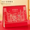 Calendário de Mesa Vermelho Chinês 2027 Personalizado Estilo Chinês Brinde Corporativo com Artesanato em Folha de Ouro Ornamento de Mesa Plano de Ano Novo