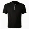Camisa Henry moda callejera americana primavera y otoño nicho media cremallera gofrado color liso sin cuello manga corta camiseta para hombre