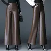 Pantalones de cuero para mujer, nueva colección otoño/invierno 2026, cintura alta, a la moda, corte holgado, pierna ancha, talla grande, corte recto, fluidos, pantalones casuales