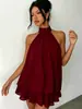 Vestido europeo y americano transfronterizo para mujer, cuello halter, cuello alto, dobladillo con volantes, sin mangas, hombros descubiertos, holgado, estilo dulce y fresco