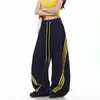Pantalones de Chándal Rayados Estilo Callejero Americano con Tres Rayas y Forma de Cimitarra para Mujer, Holgados de Pierna Ancha