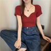 Design de Gola Quadrada Francesa Slim de Nicho Tricô de Manga Curta para Mulheres Verão Camisa de Camada Interna Preta Top Curto