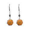 Pendientes de Estilo Étnico Vintage Plata S925 Incrustados con Ámbar Natural Pendientes de Loto de Ocho Pétalos Estilo Antiguo