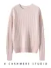 Suéter de punto trenzado de cuello redondo de siete puntos 100% cachemira pura para mujer, jersey de color liso, camisa base cálida casual de manga larga
