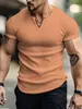 Camiseta Casual Deportiva de Manga Corta para Hombre, Ajuste Delgado, Europea y Americana Transfronteriza, Tejido de Comercio Exterior, Camisa Henley de Botones Color Sólido Estilo Americano