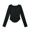 Camiseta Sexy Feminina de Manga Longa, Gola Meio Aberta com Botões, Ajustada ao Corpo, Cintura Fina Irregular, Cor Sólida, Base
