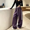 Calça de Moletom Roxa Listrada Americana Feminina 2026 Outono Cintura Alta Fluida Longa Solta Emagrecedora Casual Esportiva Perna Larga