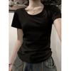 Camiseta Vintage de Hombro Recto y Manga Corta para Mujer, Nuevo Estilo Verano 2026, Corte Ajustado, Favorecedora, Cuello Redondo Bajo, Top Trendy de Manga Corta