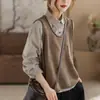 Colete de tricô de primavera para mulheres, colete de tricô de algodão artístico vintage, solto e versátil, estilo curto para sobreposição