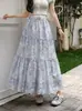 Falda Midi Estampada de Lazos Estilo Coreano con Bordado Floral, Falda de Verano con Cintura Elástica, Patchwork, Varios Niveles, Línea A, Dobladillo Ancho