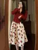 Traje de Vestido de Maternidad Otoño e Invierno Año Nuevo Cárdigan Rojo Estampado Tejido Moda Ropa de Invierno Ropa de Año Nuevo Conjunto de Dos Piezas