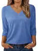 Blusa básica de tres cuartos para mujer de Amazon transfronteriza, camisa casual de cuello en V holgada, top de moda