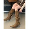 Botas Acima do Joelho para Mulheres, Duas Formas de Usar, Circunferência Grande do Cano, Novas Botas Plissadas de Camurça Bico Fino Salto Agulha Outono e Inverno 2024