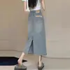 Falda vaquera con forma de pera que cubre la cadera para mujer, de longitud media, talla grande, para personas ligeramente con sobrepeso, de cintura alta, aspecto adelgazante, con abertura, falda de línea A que se ajusta a la cadera