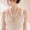 Diseño Francés Collar Largo de Perlas de Cristal de Tres Capas Cadena para Suéter Emparejado con un Pequeño Collar Largo Retro Suave y Fragante