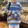 Suéter de rayas color block para otoño e invierno, estilo holgado y relajado para hombre, top de punto casual retro americano para parejas